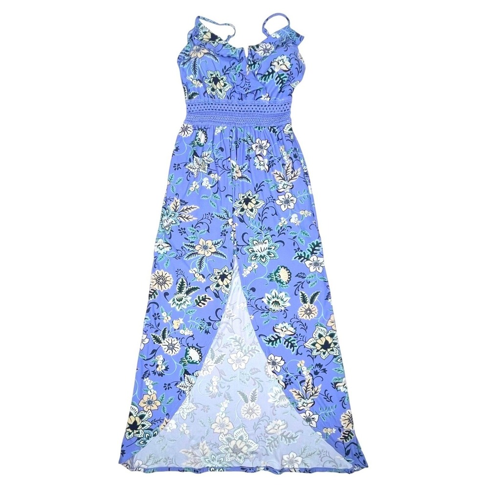 No Boundaries Floral Maxi Romper Dress Blue Crochet Waist Small 3-5 Boho Slit - Picture 2 of 8